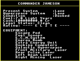 The Status Mode screen in Commodore 64 Elite