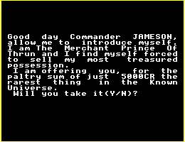 The Trumbles mission briefing view in Commodore 64 Elite