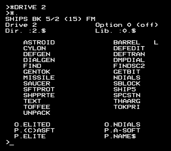 A catalogue of drive 2 of the BBC Micro cassette Elite source disc