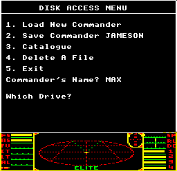 The disk access menu in BBC Micro disc Elite