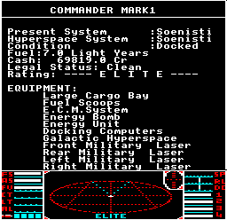 The Status Mode screen in the BBC Micro disc version of Elite