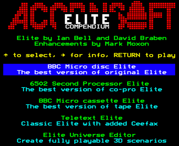 The menu for the BBC Micro version of the Elite Compendium