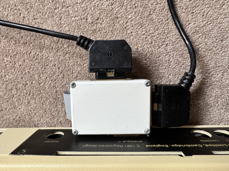 The Delta 14B/1 adaptor box attached to a BBC Micro B+ and two Delta 14B joysticks