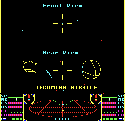 Player 2 being attacked by a missile in two-player Elite